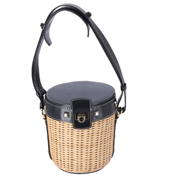 Salvatore Ferragamo Gancini Drawstring Bucket Bag Wicker Studded Leather + Pouch - Picture 1 of 12